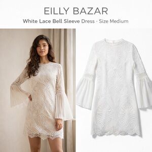 Eilly Bazar White Lace Bell Sleeve Dress Size Medium Scalloped Hem
